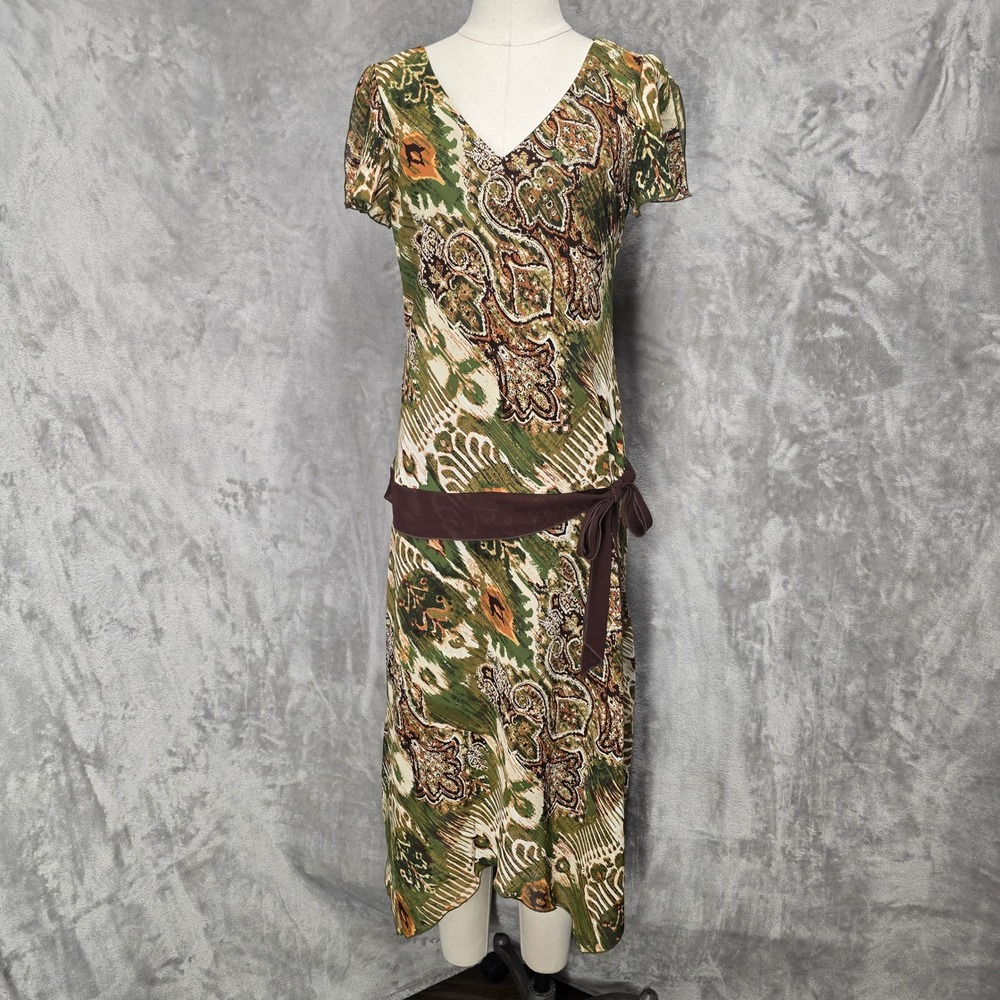 Believe Women10 Green Paisley Drop Waist Midi Dress Flutter Gobincore Retro Boho